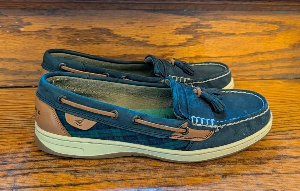 Sperry Tasselfish Trending Boat Shoes Women's 10 Plaid Navy Green
